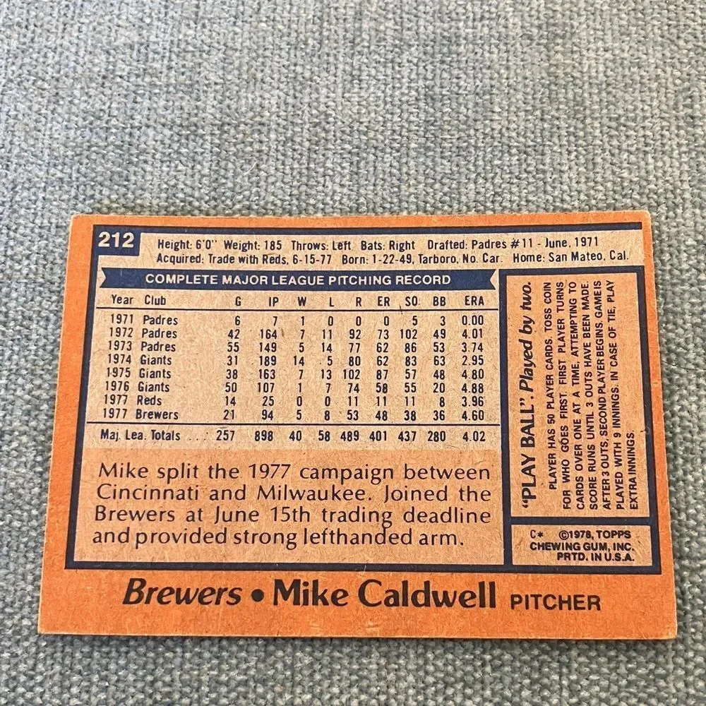 1978 Topps Milwaukee Brewers Baseball Card Trading Card